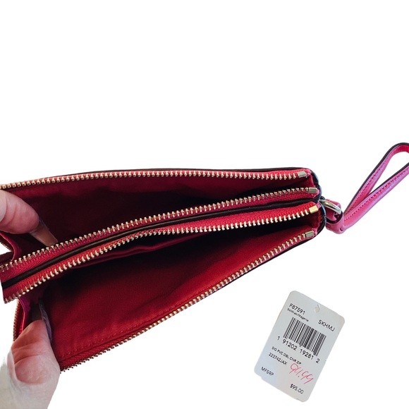 COACH Wristlet Wallet Signature Logo Medium F87591 Khaki/Magenta Pink Double Zip - Picture 2 of 6